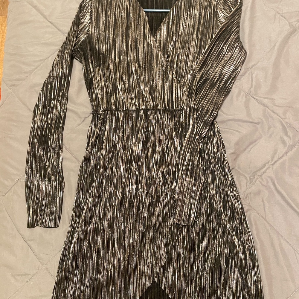 Shimmering Black & Silver Wrap-Front Long Sleeve Dress